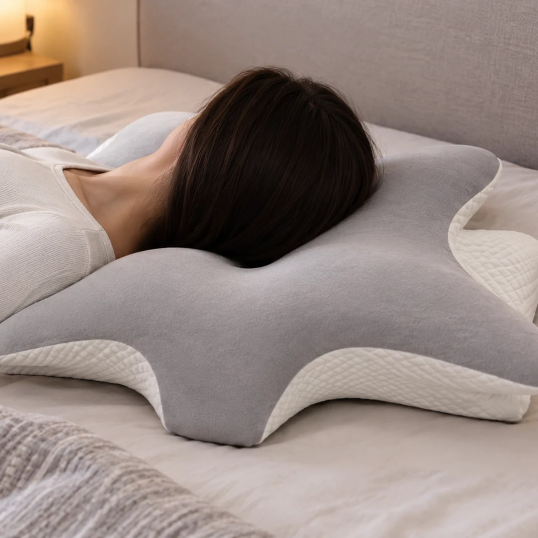 Femme allongée, la tête posée sur l’oreiller ergonomique