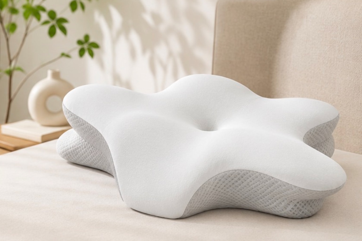 Oreiller ergonomique blanc posé sur un lit, vu de trois quarts