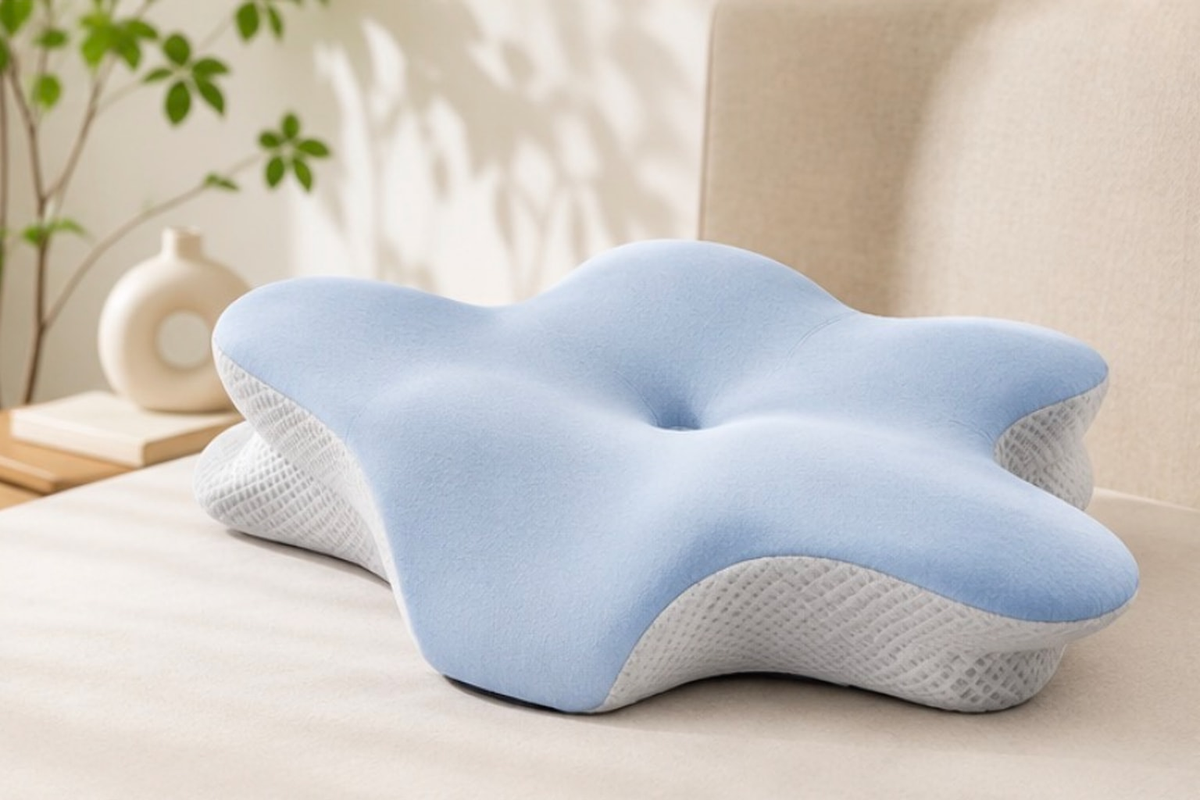 Oreiller ergonomique bleu ciel posé sur un lit, vu de trois quarts