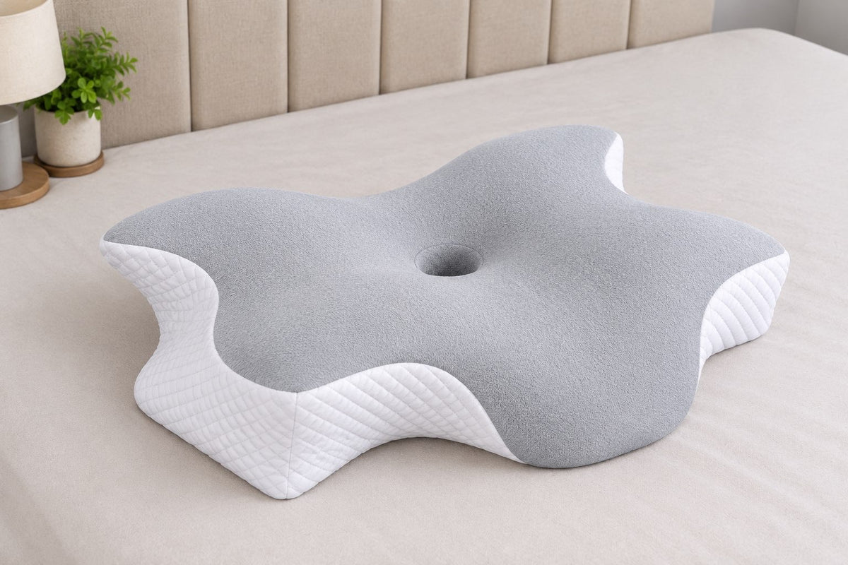Oreiller ergonomique posé sur un lit, vu de trois quarts