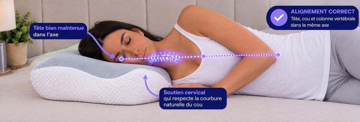 Dormeuse sur le côté : tête maintenue dans l’axe et soutien cervical qui respecte la courbure du cou