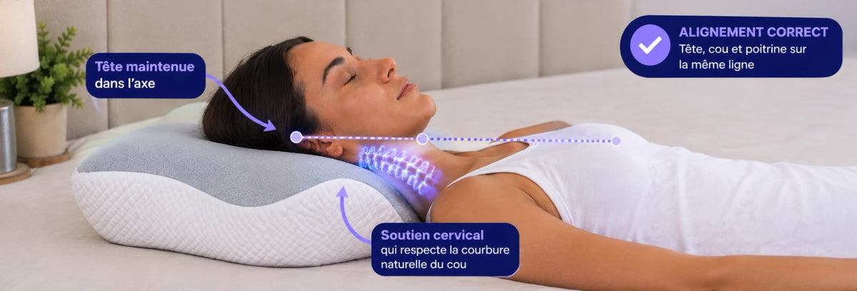 Dormeuse sur le dos : tête maintenue dans l’axe et soutien cervical qui respecte la courbure du cou