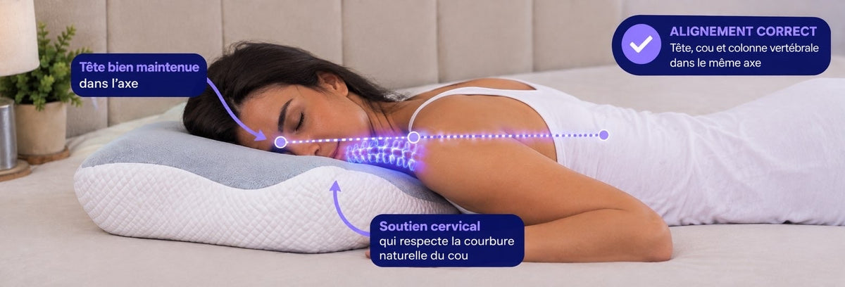 Dormeuse sur le ventre : tête maintenue dans l’axe et soutien cervical qui respecte la courbure du cou
