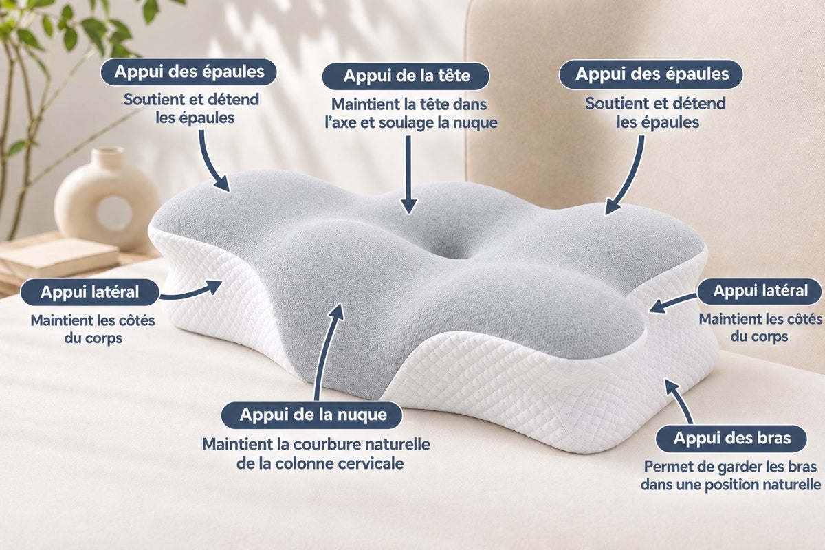 Oreiller ergonomique vu de dessus, avec ses différentes zones de soutien